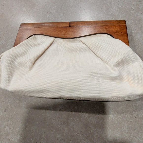 French Connection Handbags - FRENCH CONNECTION CLUTCH - Canvas & Genuine Wood  - Cream  - Size Small